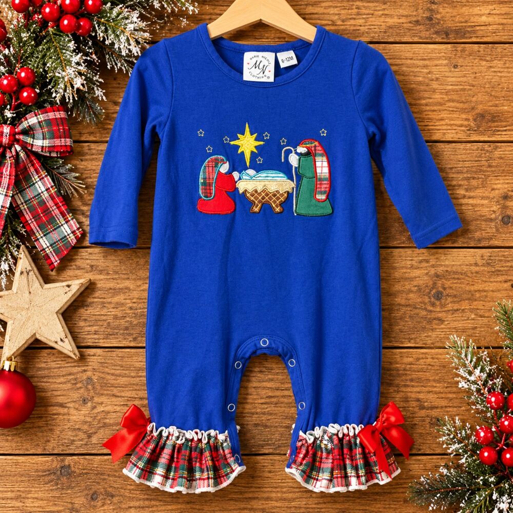 Marie Nicole Baby Christmas Nativity Romper Blue Applique Ruffle 6-12M